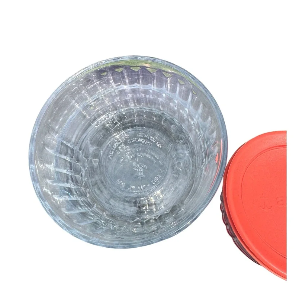 Anchor Hocking‎ Glass 2 Cup Ribbed Prep Food Storage Bowls Red Lid Set 4 Vintage